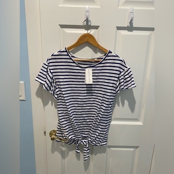 NEW Notations Women Front Tie Striped Short Sleeve Top - Picture 3 of 10